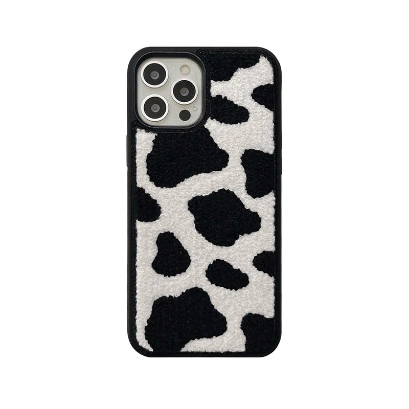 Black & White Dairy Cattle Cow Print Phone Case Compatible with iPhone 15 Pro Max,Cute Embroidery Winter Warm Fur Carpet Case,Soft Fluffy Case for iPhone 15 Pro Max 6.7'' 2023(Cow)